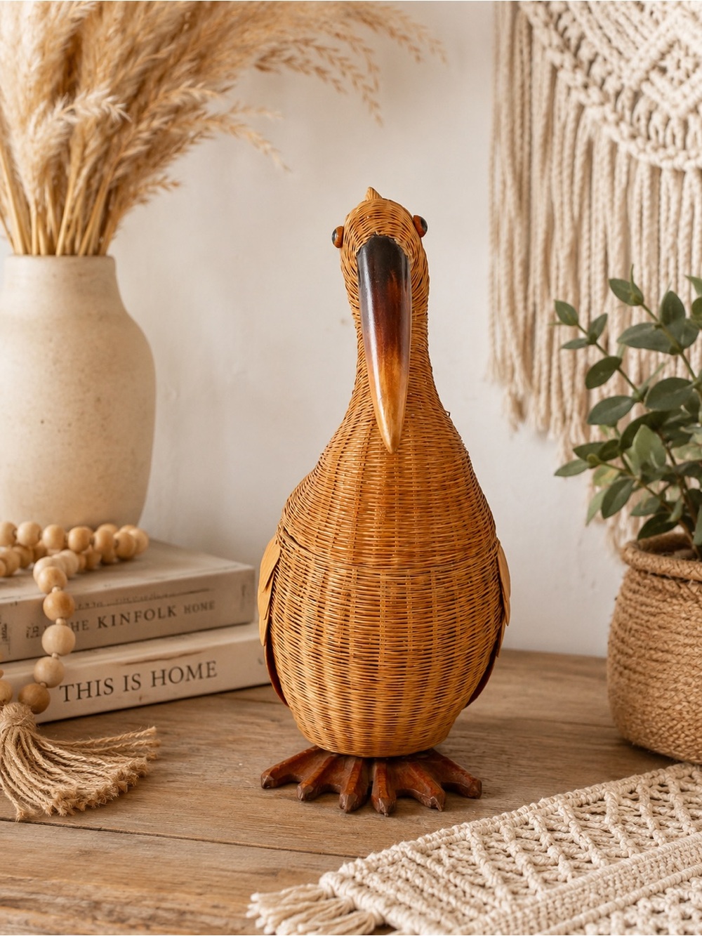 Shanghai Handicrafts Wicker Pelican Basket w/Lid Rattan Boho Coastal 11.5”